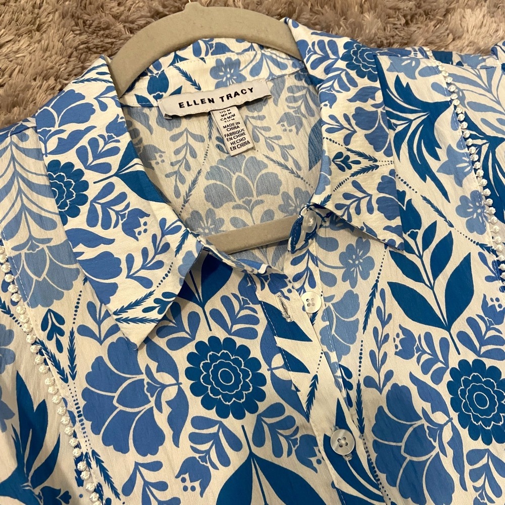 NWT Ellen Tracy Blue Vintage Floral Fit & Flare Dress Cap Sleeve Button Front M - Picture 10 of 16